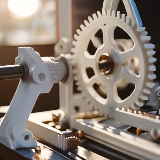 3D-printed gears and escapement mechanism on a workbench with calipers
