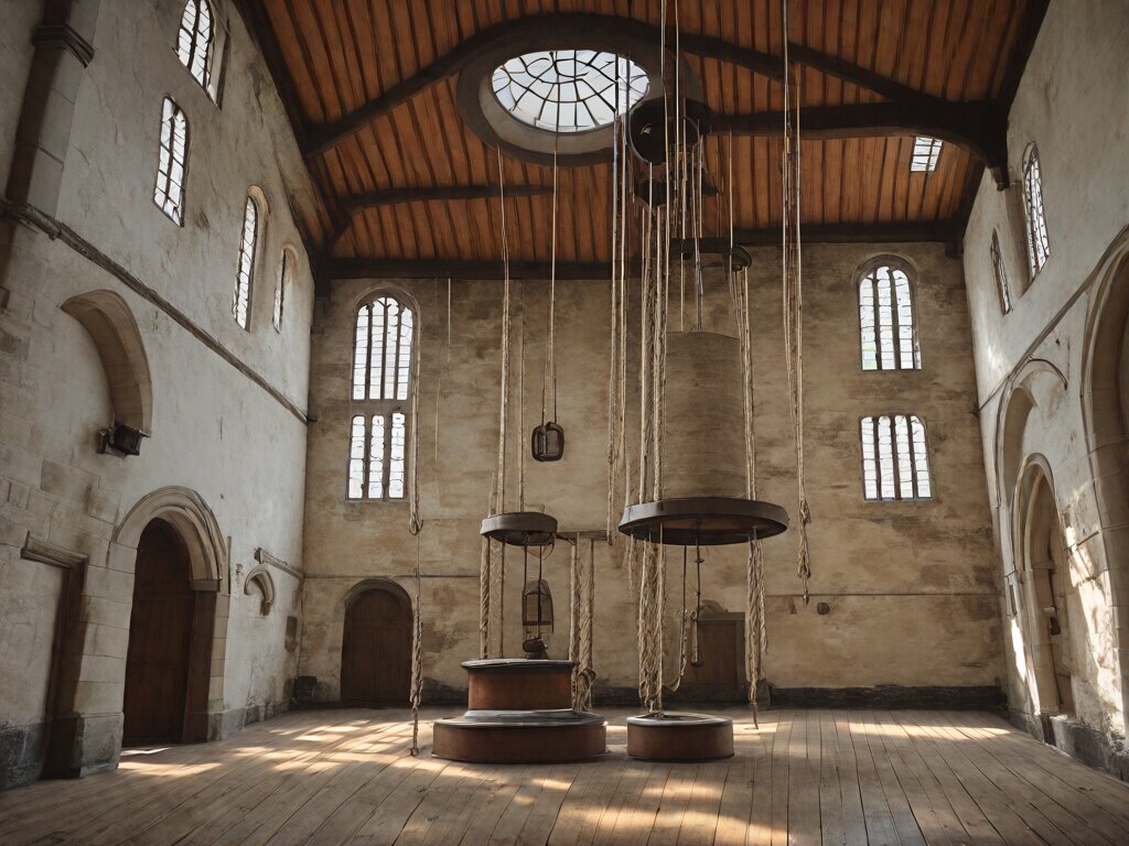 A circle of bell ropes with striped woollen sallies hanging in a stone tower ringing chamber