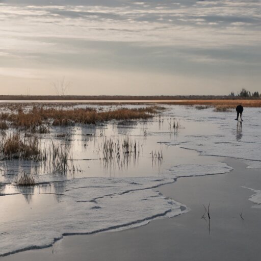 A frozen Alberta slough with ice and dead reeds, grey winter sky overhead