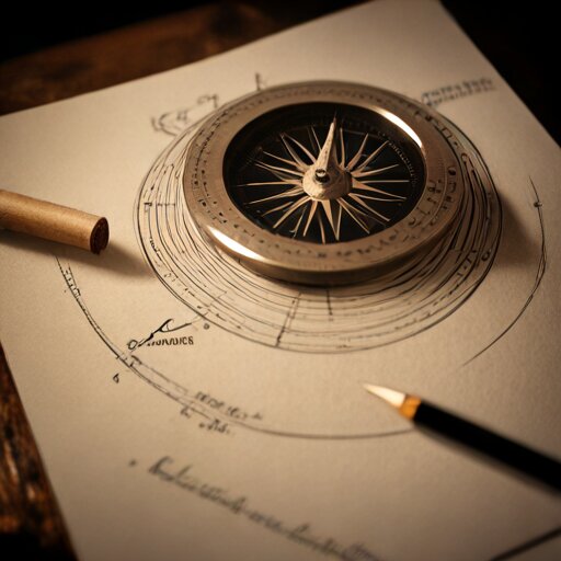 A hand-drafted paper astrolabe tympan with concentric altitude circles, a brass drafting compass and dividers resting on it under a desk lamp