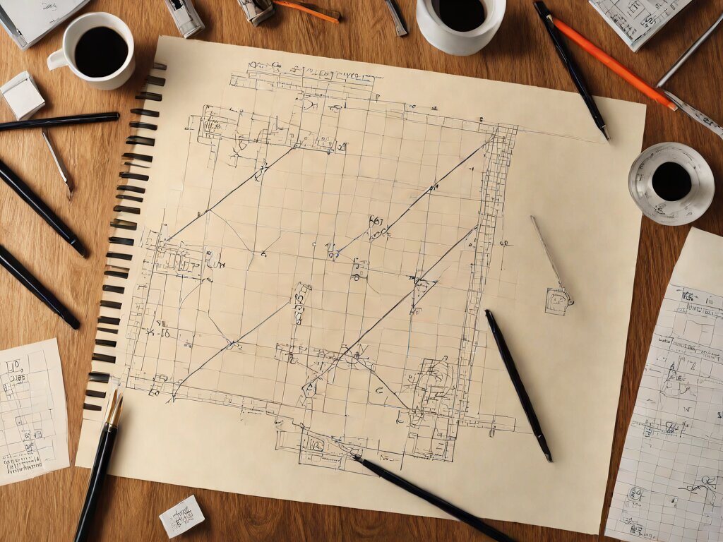 A hand-drawn three-scale nomogram on graph paper with a clear straightedge laid diagonally across it, a fountain pen and a circular E6-B flight computer beside it