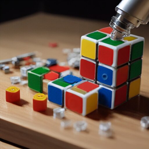 A partially disassembled speed cube on a kitchen counter under a lamp, loose cubies scattered, a lube syringe beside it, one corner piece missing