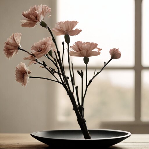 A sparse ikebana arrangement in a shallow black dish, three stems at different angles with deliberate empty space between them