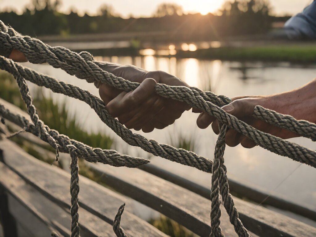 A taut wet rope over a concrete footbridge railing vanishing into green river water, gloved hands straining against it