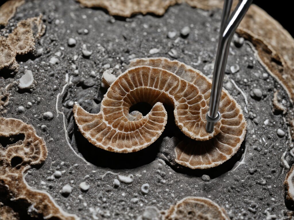 A tungsten-carbide air-scribe tip skating flat along shale beside a small ammonite, a sliver of iridescent nacre glinting at the exposed shell edge under microscope light