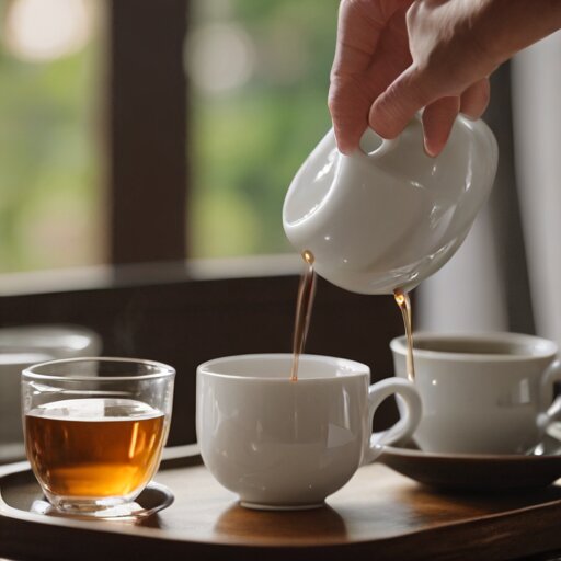 A white gaiwan decanting amber oolong into a glass fairness pitcher, with small tasting cups lined up on a wooden tray