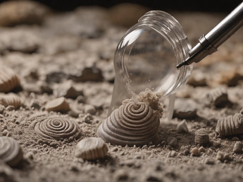 An air scribe with a tungsten-carbide tip poised against a shale nodule revealing a small coiled ammonite, under workshop light