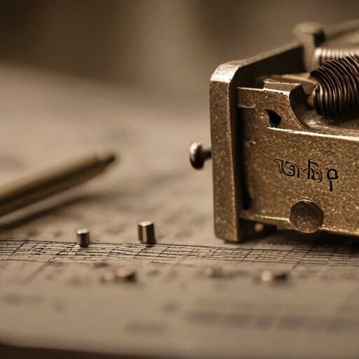 Antique brass music box cylinder with bent pins on a workbench alongside calipers and a punch tool