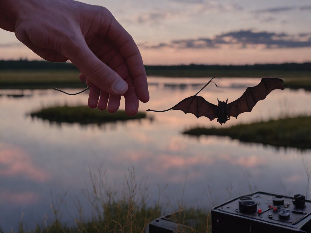 Bats silhouetted over a river valley at dusk, a small homemade detector held in the foreground