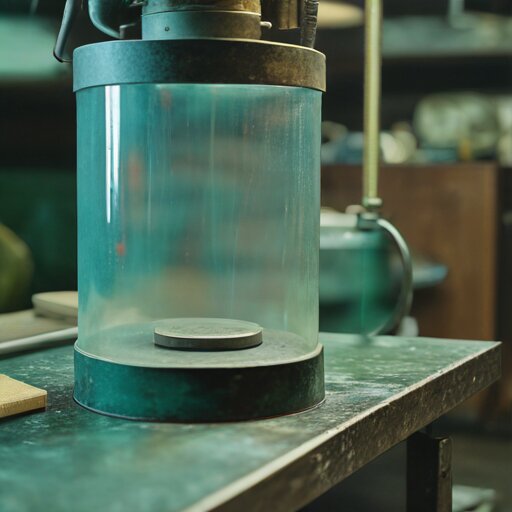 Bronze disc suspended in fuming chamber with blue-green patina developing