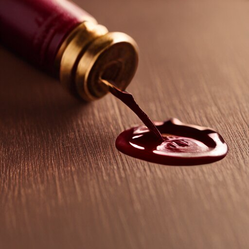 Burgundy wax seal with crossed fountain pen nib design pressed into cooling wax on a cream envelope