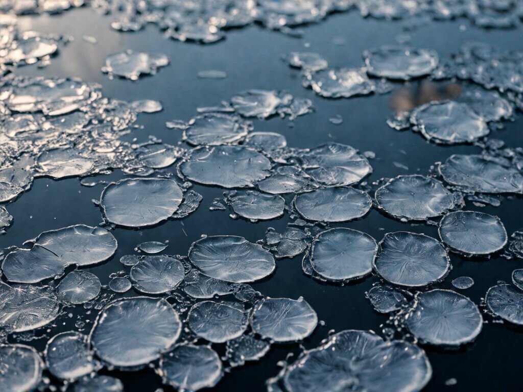Clear black lake ice seen from above, with stacked white methane-bubble discs frozen deep below the transparent surface and a steel ice-pole tip resting at the frame edge