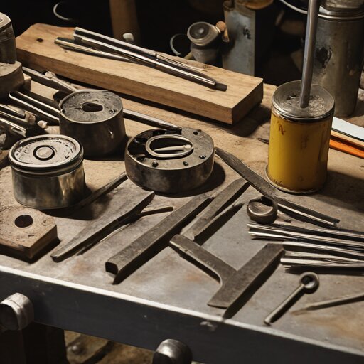 Cracked spring steel tines on a workbench after failed tempering attempts