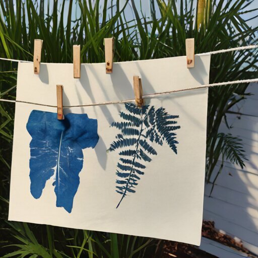 Cyanotype print of a fern specimen drying, the Prussian blue deepening as it oxidizes