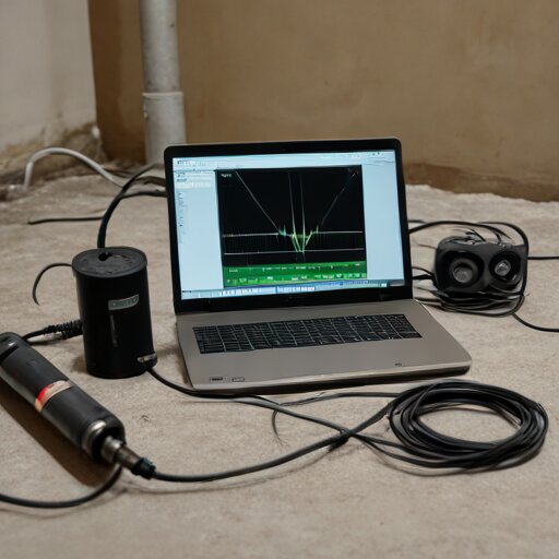 Geophone sensor on basement floor with laptop showing noisy, unusable seismic waveforms