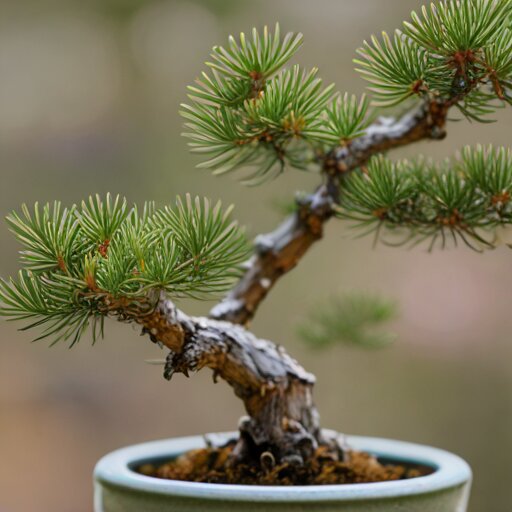 Juniper bonsai with new spring growth at branch tips and yellowing interior needles