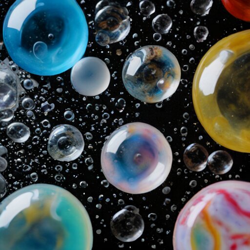 Kitchen counter covered in burst bubble residue, overturned cups, and abandoned camera equipment