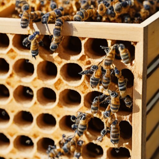 Langstroth hive frames with bees on honeycomb, showing capped cells and worker bees moving across the wax surface
