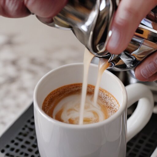 Milk being poured from a steel pitcher into espresso, mid-rosetta pour, with a La Pavoni machine in the background