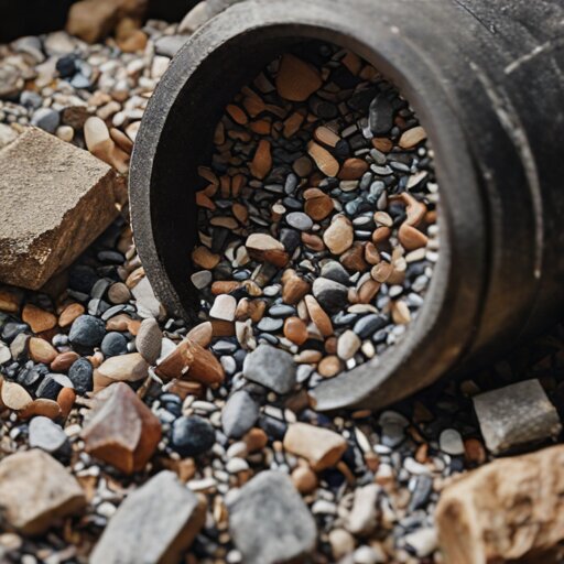 Open tumbler barrel filled with rough stones and coarse silicon carbide grit
