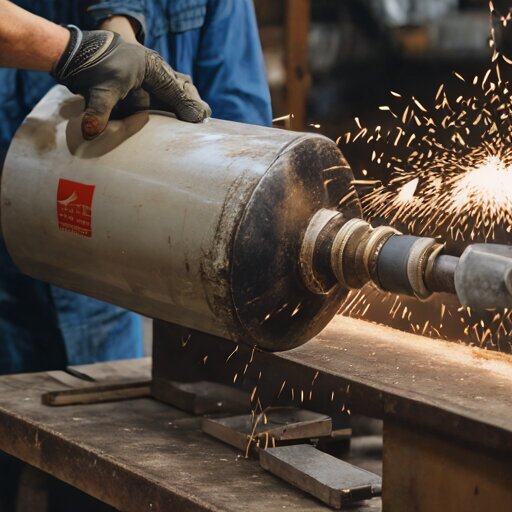 Propane tank with half-cut tongue pattern, jigsaw blade, and metal shavings on workbench