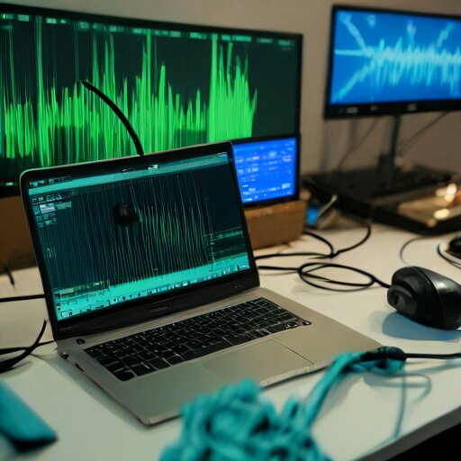 SDR dongle connected to laptop showing waterfall spectrum display in a late-night home office