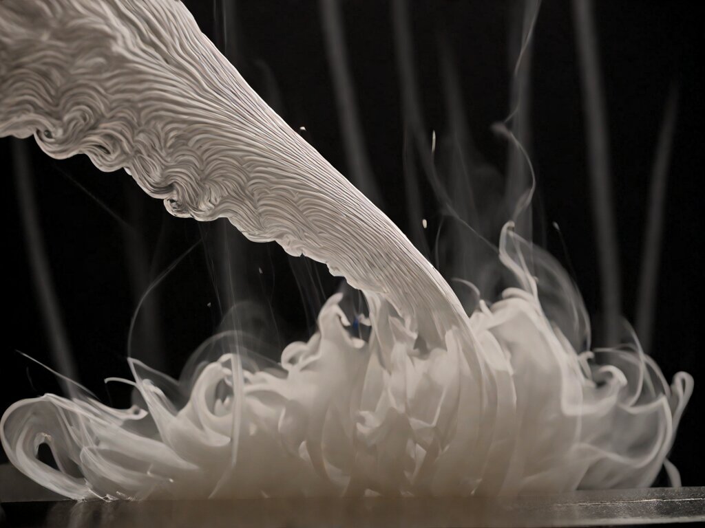 Smoke streaklines bending over a model aerofoil in a desktop wind tunnel, separating into a turbulent wake behind the trailing edge, lit by a thin sheet of light against black