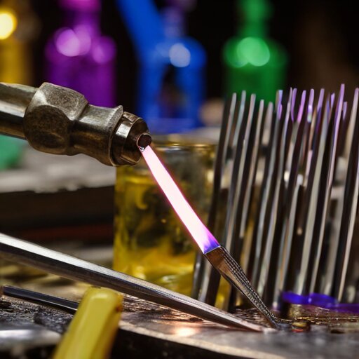 Steel tines showing temper colours alongside mordant solutions and jeweler's torch