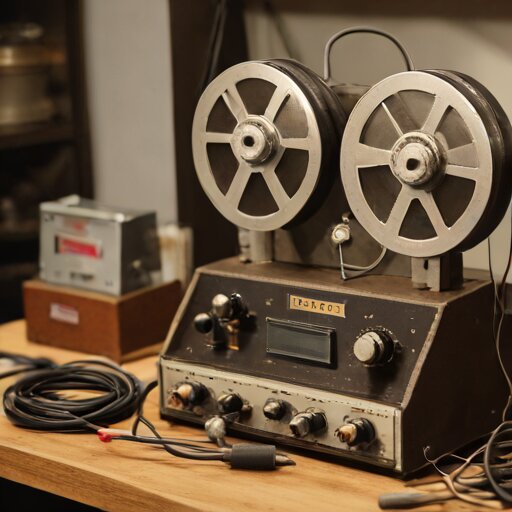 Teac A-3300SX reel-to-reel deck on the workbench, VU meters glowing, tape threaded and ready