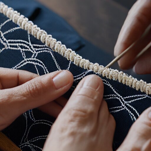 White sashiko thread on indigo fabric, needle mid-stitch through a wave pattern